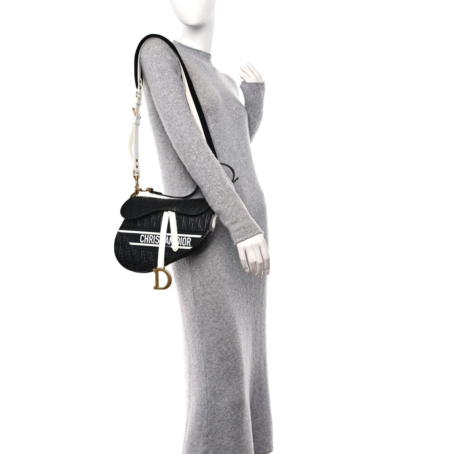 Calfskin Embossed Oblique Vibe Saddle Bag With Strap Black White