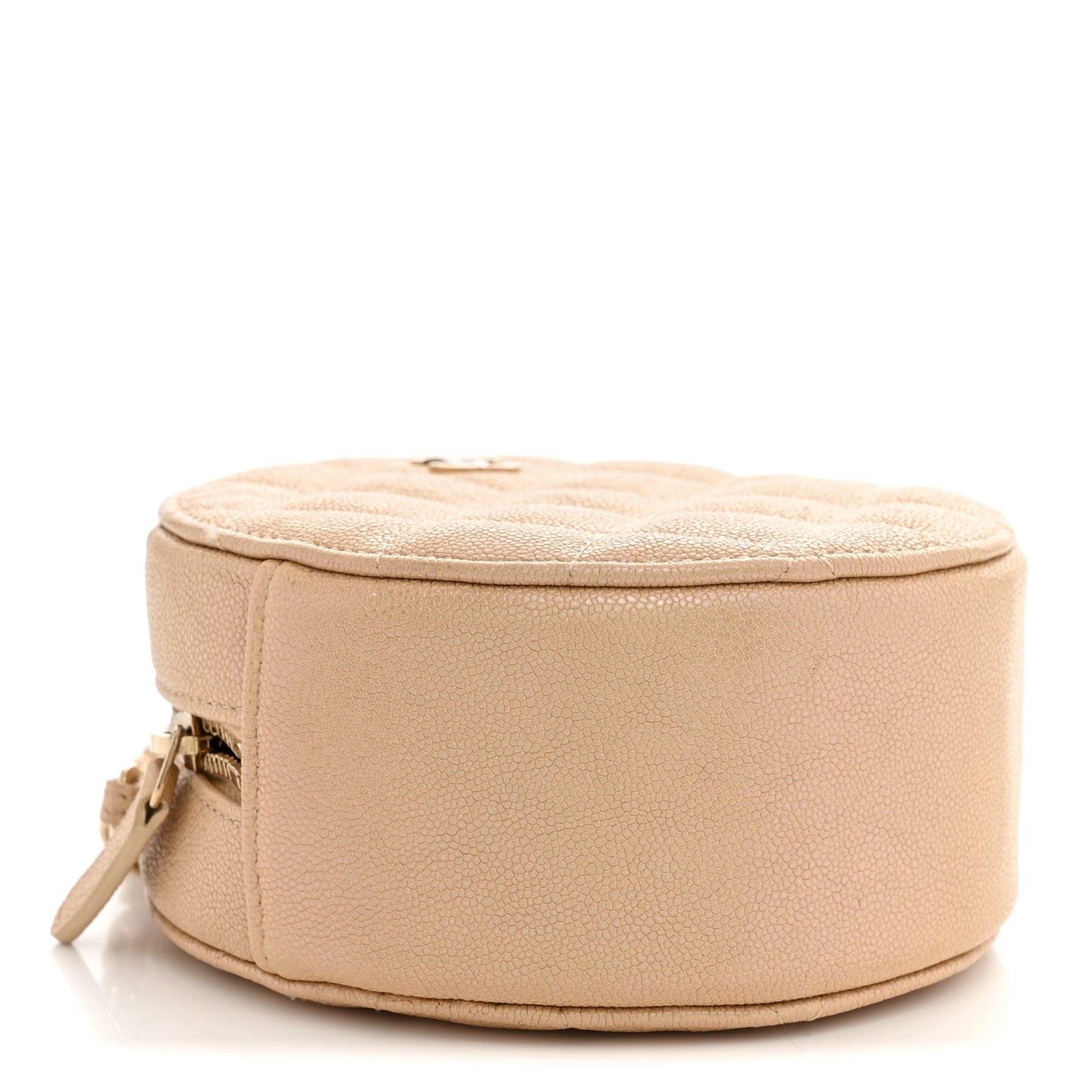 Iridescent Caviar Quilted Round Clutch With Chain Beige