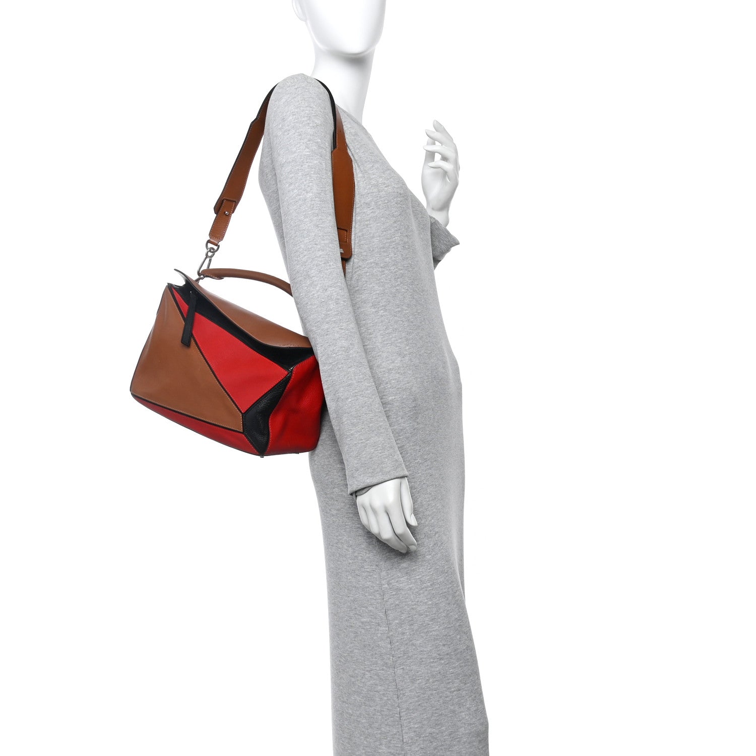 Loewe Calfskin Colorblock Medium Puzzle Bag Tan Red Black 2 of 19