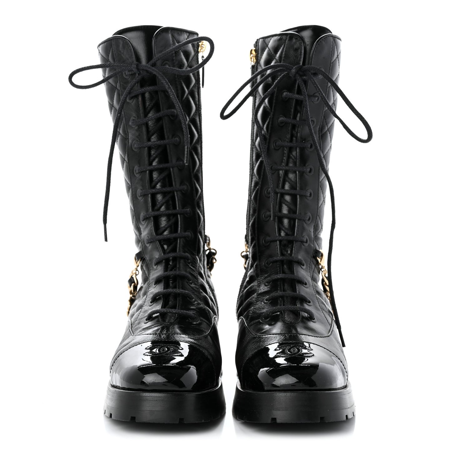Shiny Calfskin Patent Quilted Chain Lace Up Combat Long Boots 37 Black