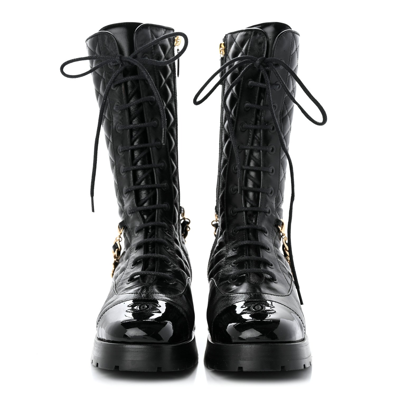 Chanel Shiny Calfskin Patent Quilted Chain Lace Up Combat Long Boots 37 Black 2 of 11