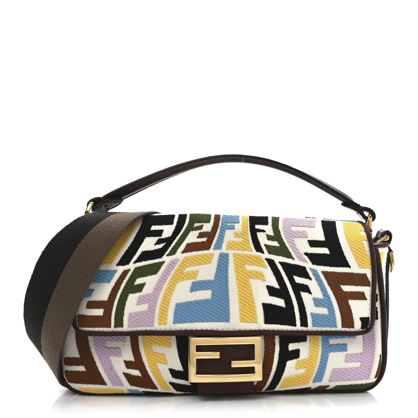 X SARA COLEMAN Canvas Vitello King Seta FF Fish Eye Embroidered Baguette Grezzo Multicolor Ghianda