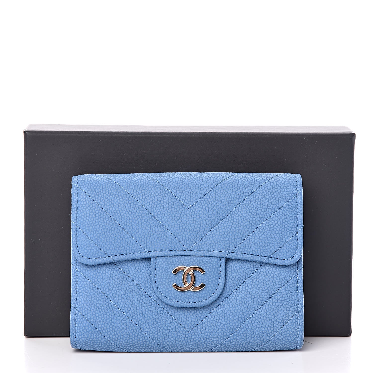 Chanel Caviar Chevron Quilted Card Holder Blue 9 of 9