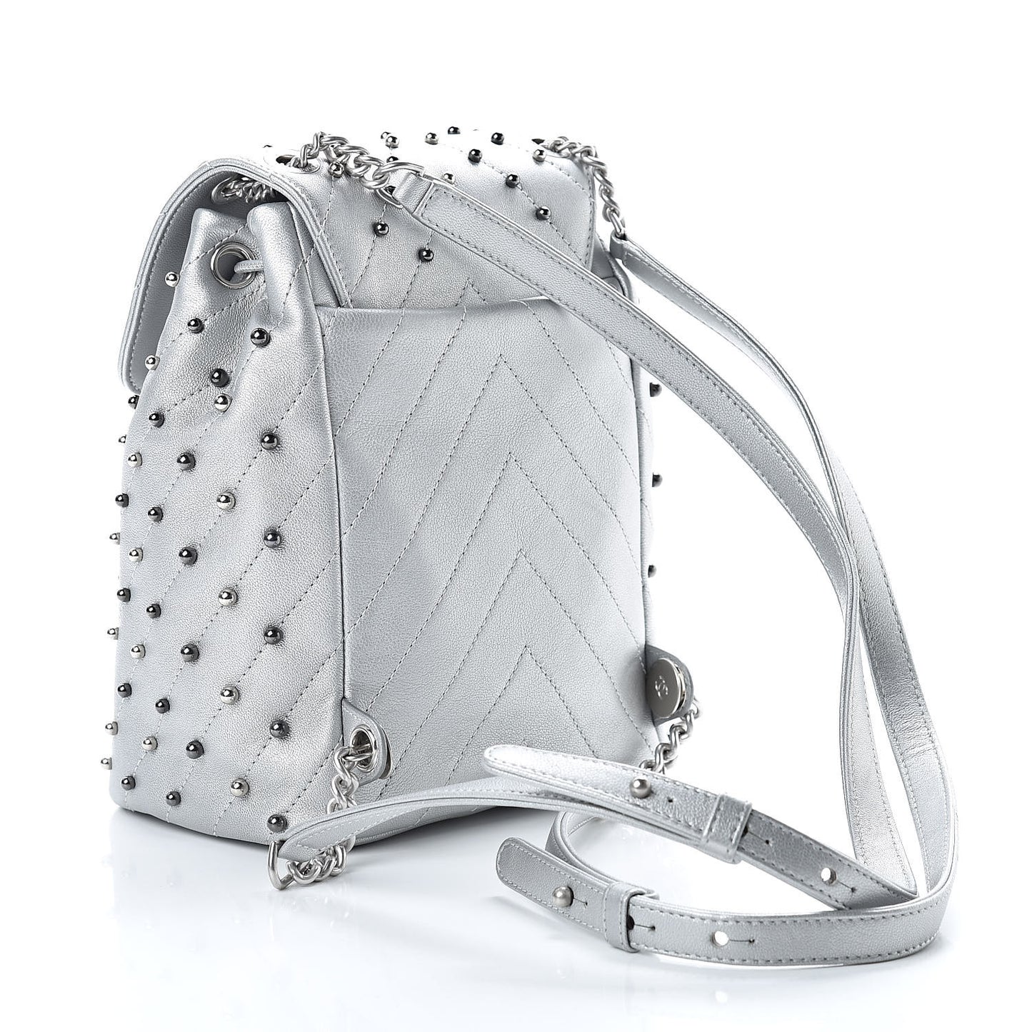 Metallic Lambskin Chevron Quilted Studded Stud Wars Backpack Silver