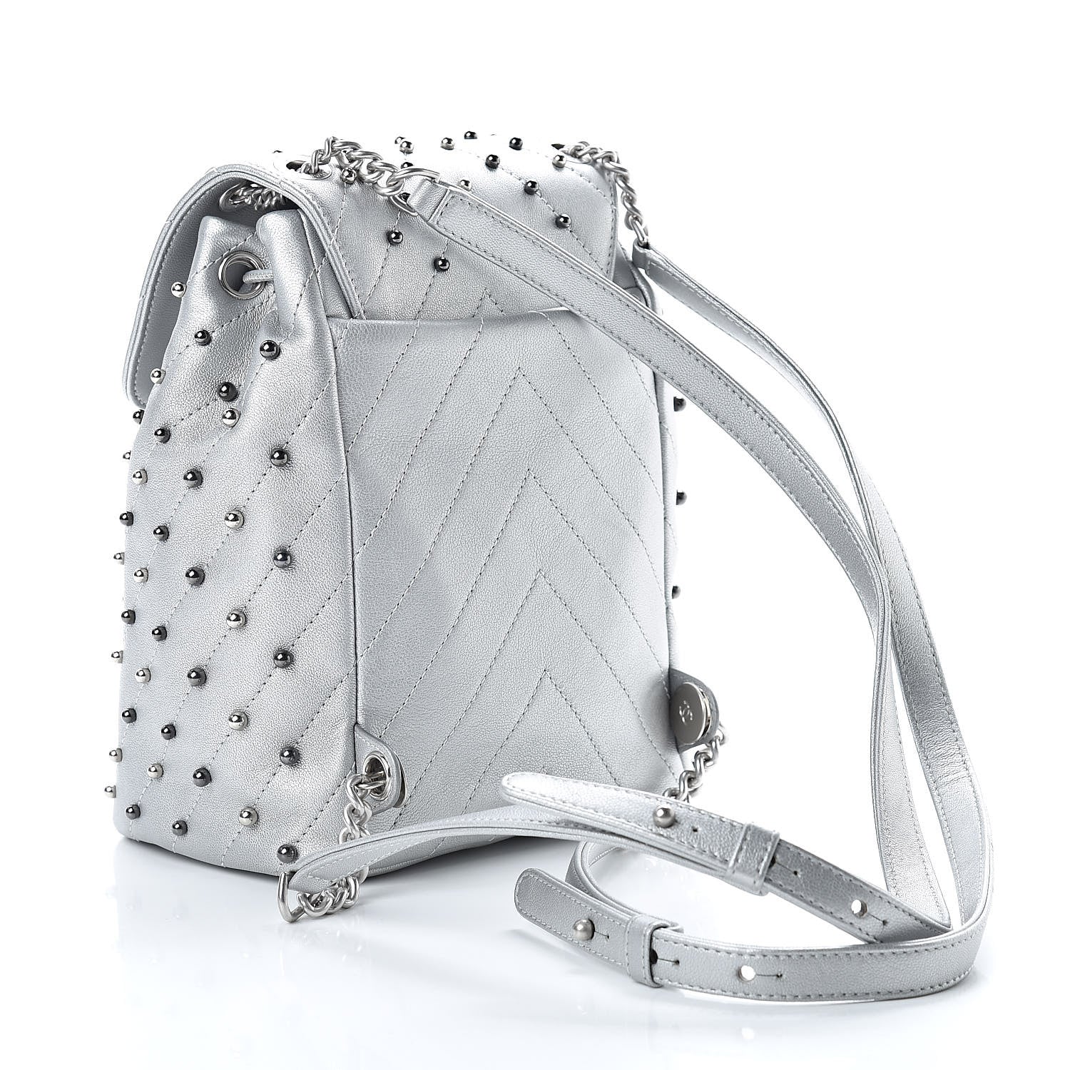 Chanel Metallic Lambskin Chevron Quilted Studded Stud Wars Backpack Silver 3 of 11
