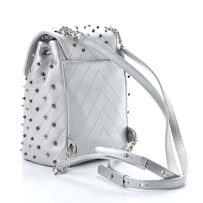 Chanel Metallic Lambskin Chevron Quilted Studded Stud Wars Backpack Silver 3 of 11