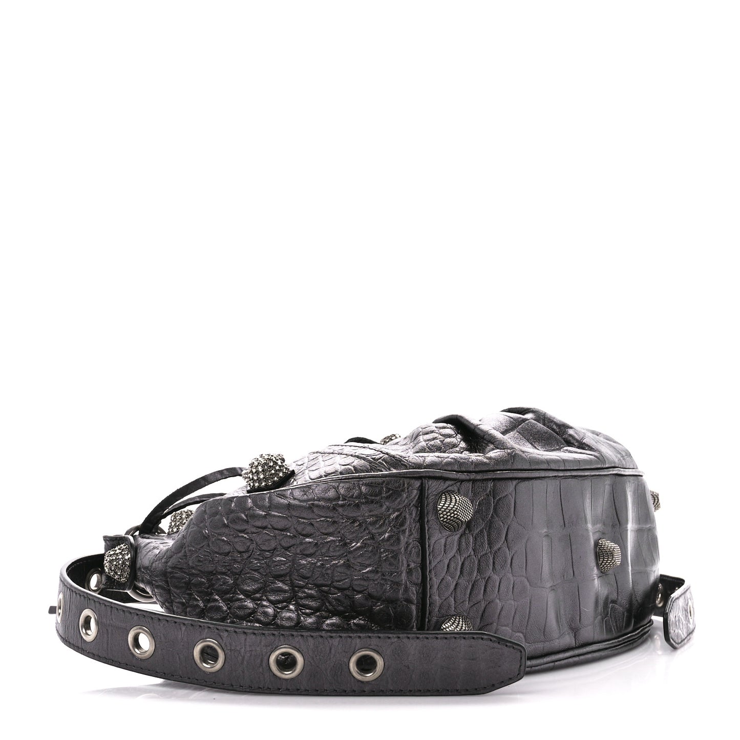 Metallic Calfskin Crocodile Embossed Crystal Small Le Cagole Shoulder Bag Gunmetal
