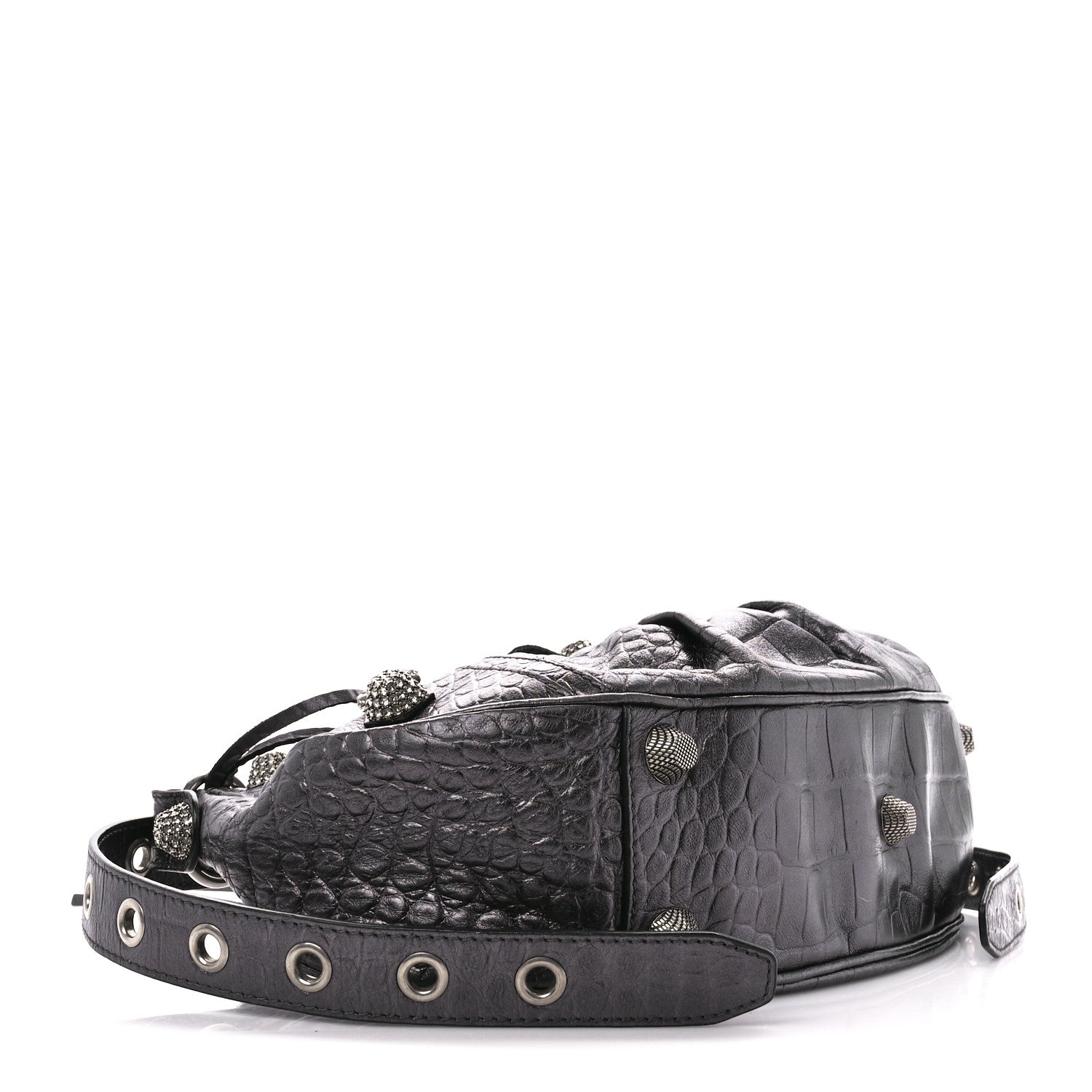 Balenciaga Metallic Calfskin Crocodile Embossed Crystal Small Le Cagole Shoulder Bag Gunmetal 4 of 14