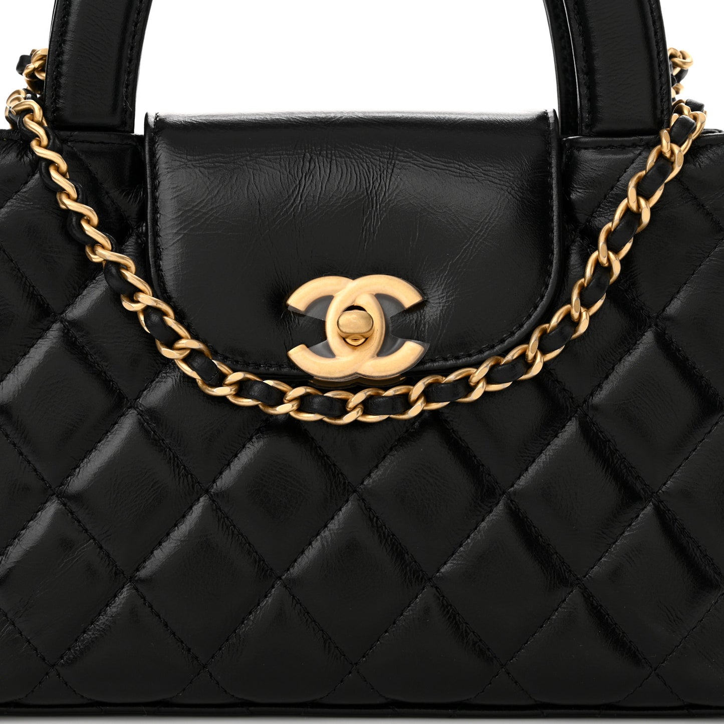 Shiny Aged Calfskin Quilted Nano Kelly Shopper Black