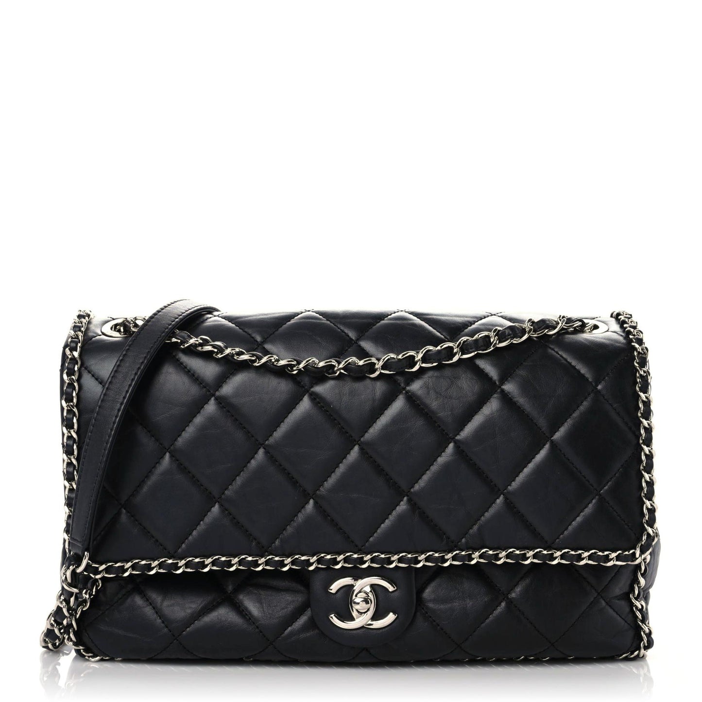 Crumpled Calfskin Quilted Large Chain All Over Flap Bag Black