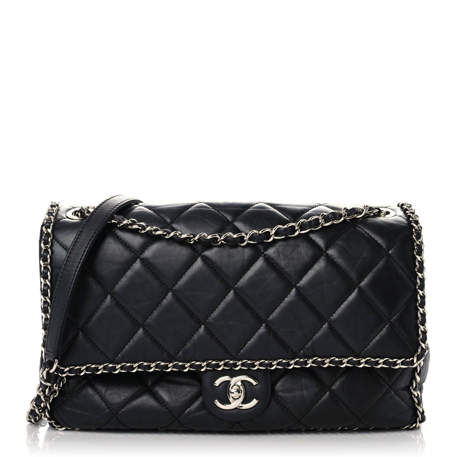 Chanel Crumpled Calfskin Quilted Large Chain All Over Flap Bag Black 1 of 15