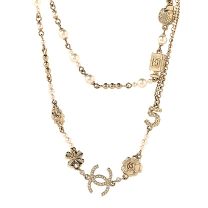 Chanel Pearl Crystal Graduated CC No.5 Perfume Bottle Flower Long Necklace Gold White 1 of 5