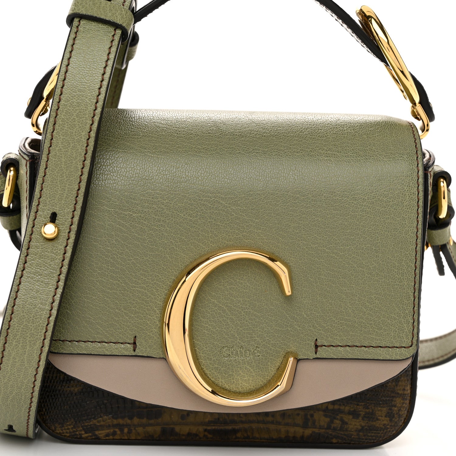 Chloe Goatskin Calfskin Lizard Embossed Mini C Double Carry Antique Green 8 of 11