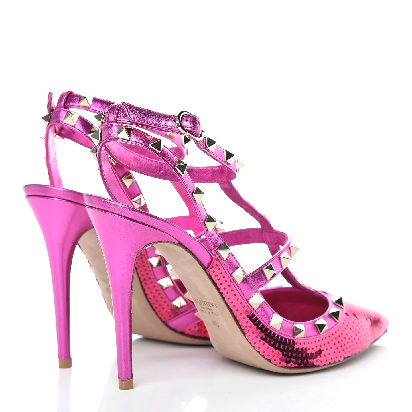 Metallic Nappa Sequin Liquid Metal Rockstud Ankle Strap Pumps 40 Pink Orchid