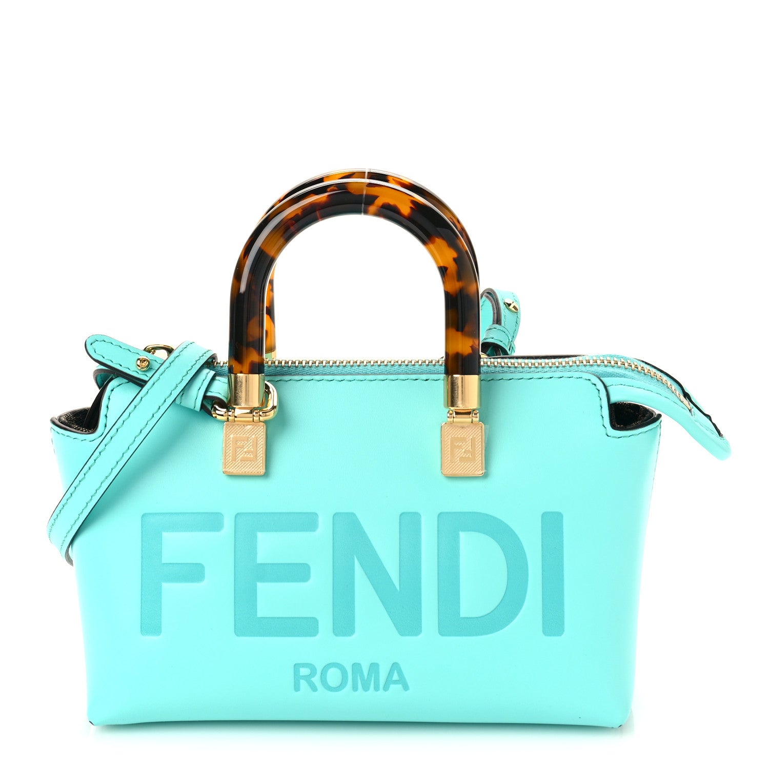 Fendi Vitello King Plexiglass Logo Embossed Mini By The Way Top Handle Boston Bag Spring Turquoise 1 of 8