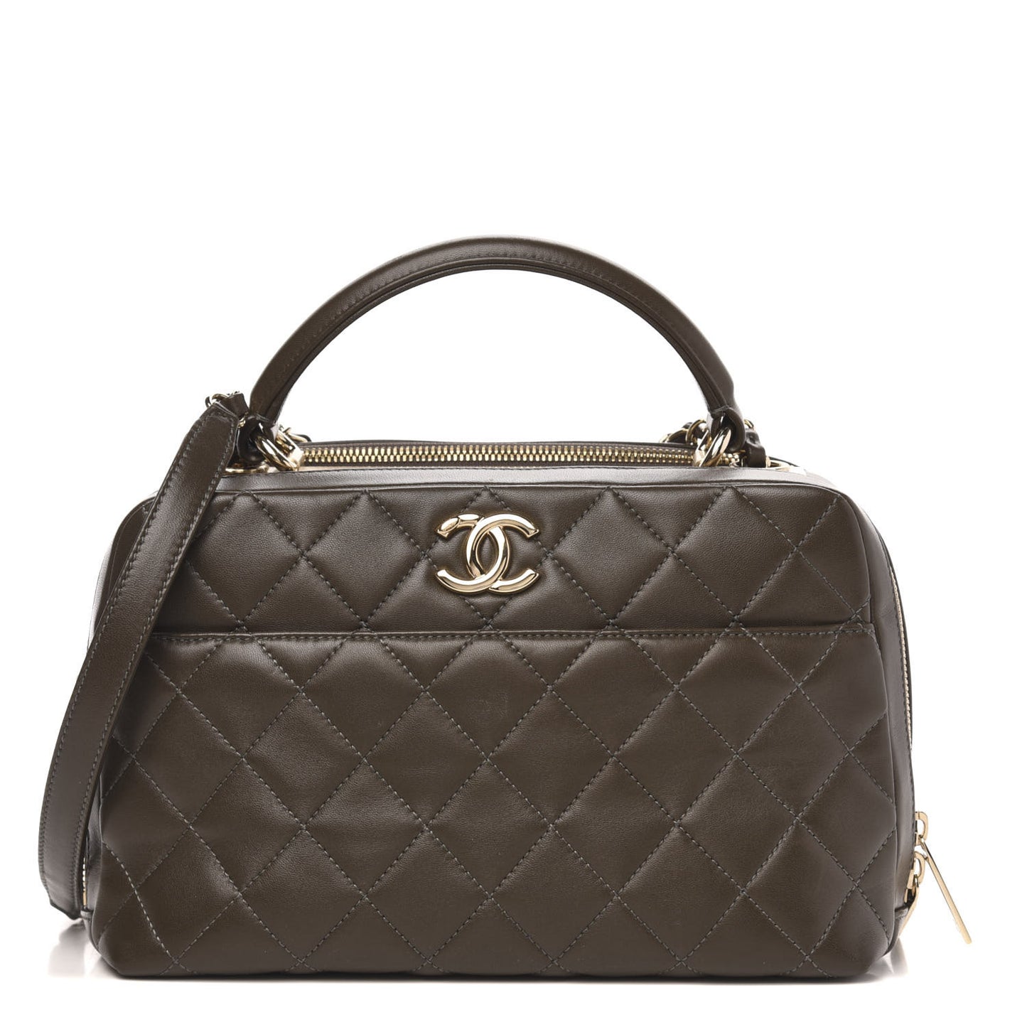 Lambskin Quilted Medium Trendy CC Bowling Bag Dark Khaki