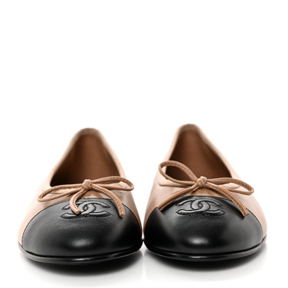 Chanel Lambskin Cap Toe CC Ballerina Flats 37.5 Dark Beige Black 2 of 10