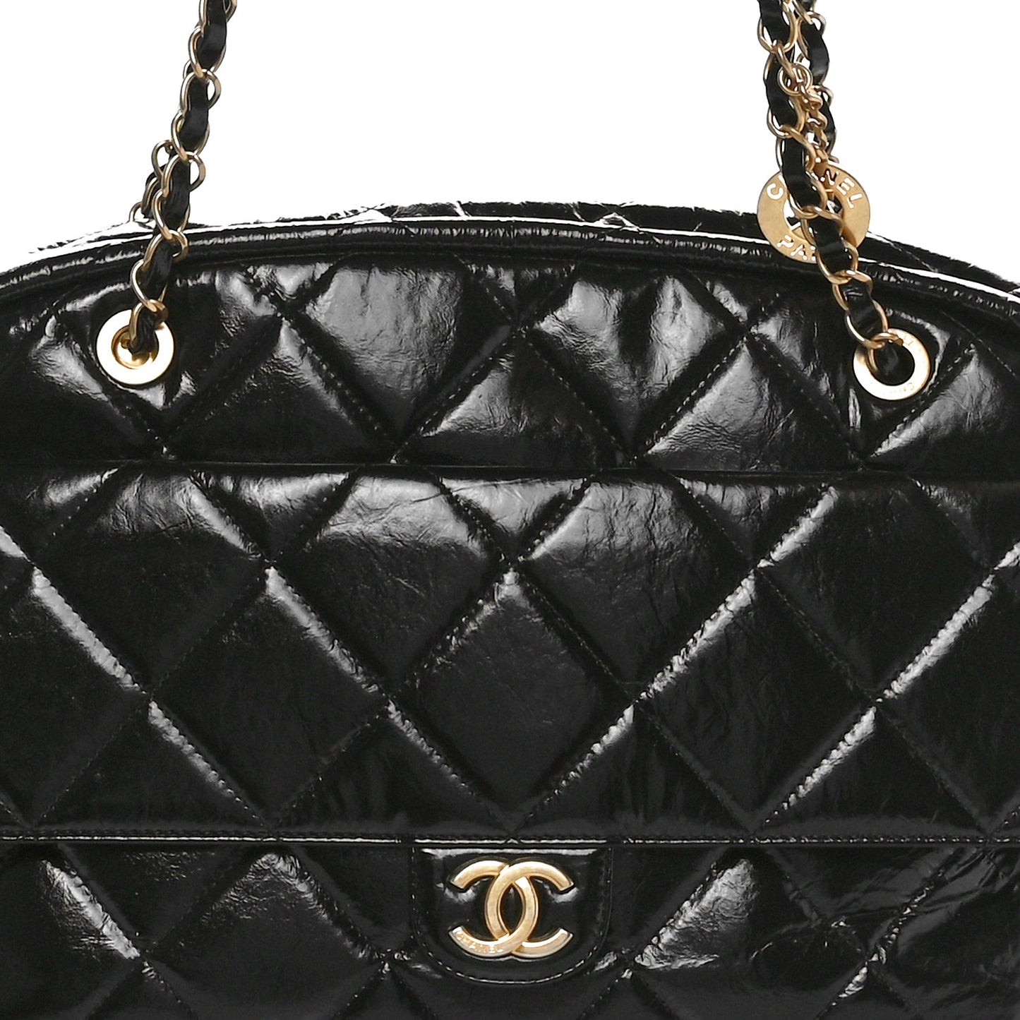 Shiny Crumpled Calfskin Quilted Maxi Bowling Bag Black
