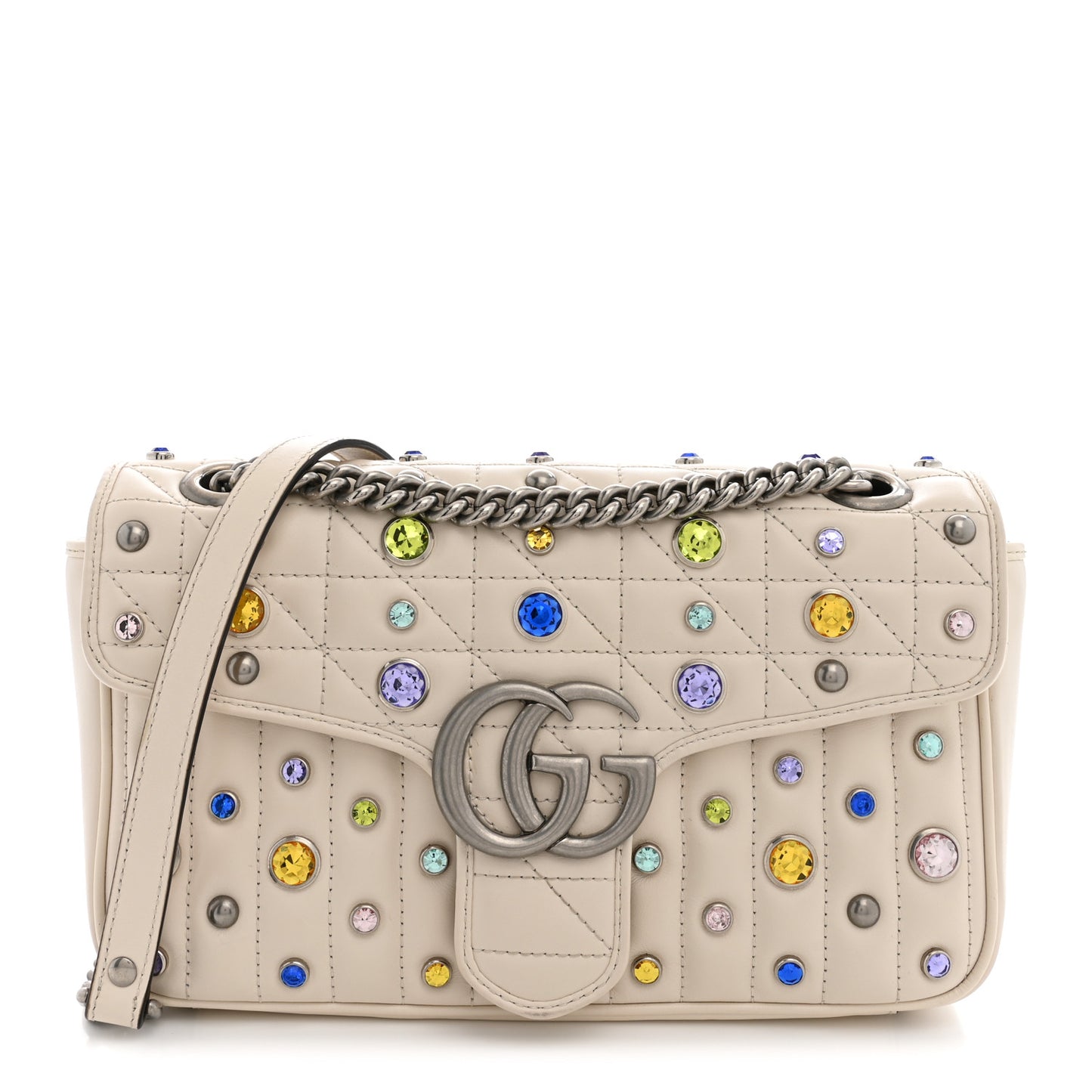Calfskin Crystal Matelasse Aria Small GG Marmont Shoulder Bag Mystic White Multicolor