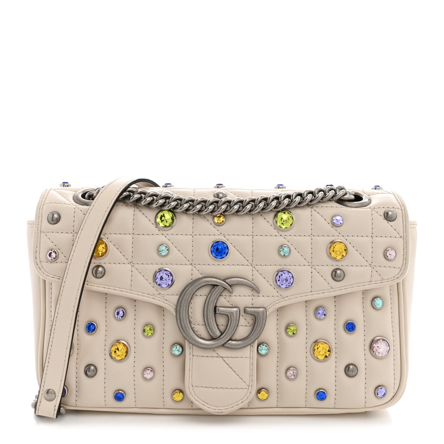 Gucci Calfskin Crystal Matelasse Aria Small GG Marmont Shoulder Bag Mystic White Multicolor 1 of 12