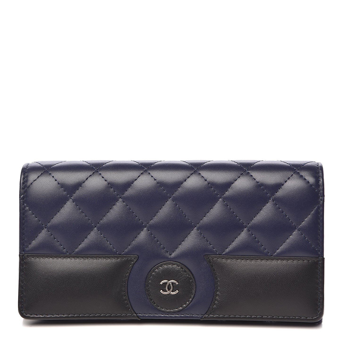 Lambskin Quilted Large Gusset Flap Wallet Navy Black
