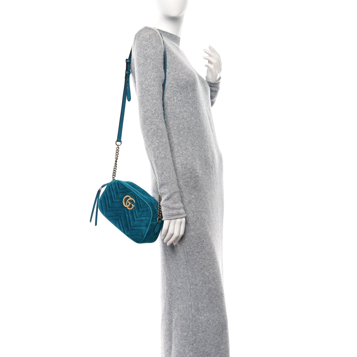 Velvet Matelasse Small GG Marmont Chain Shoulder Bag Pavone Cyan