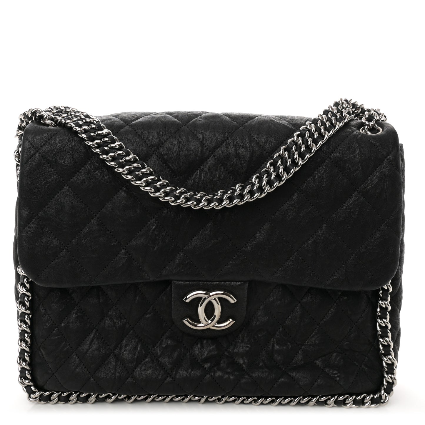 Washed Lambskin Quilted Maxi Chain Around Flap Black