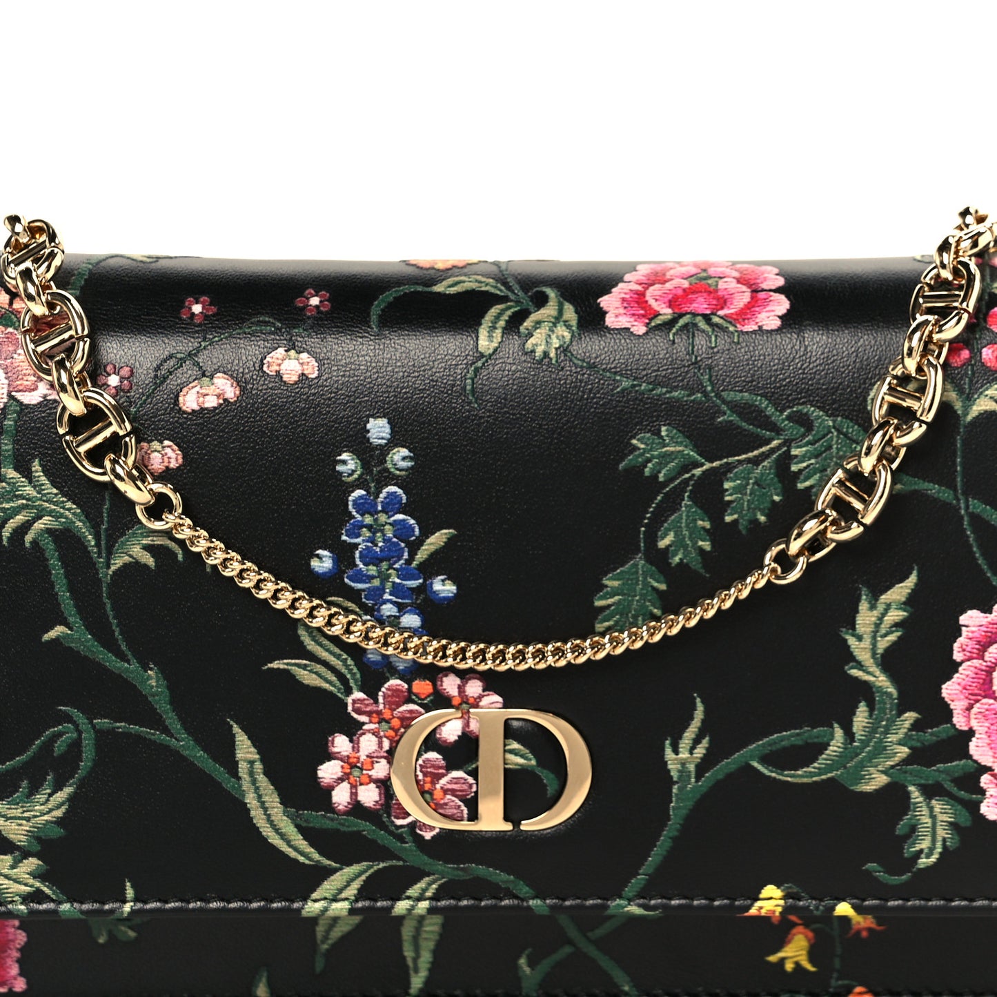 Calfskin Petites Fleurs Print Caro Pouch With Chain Black Multicolor