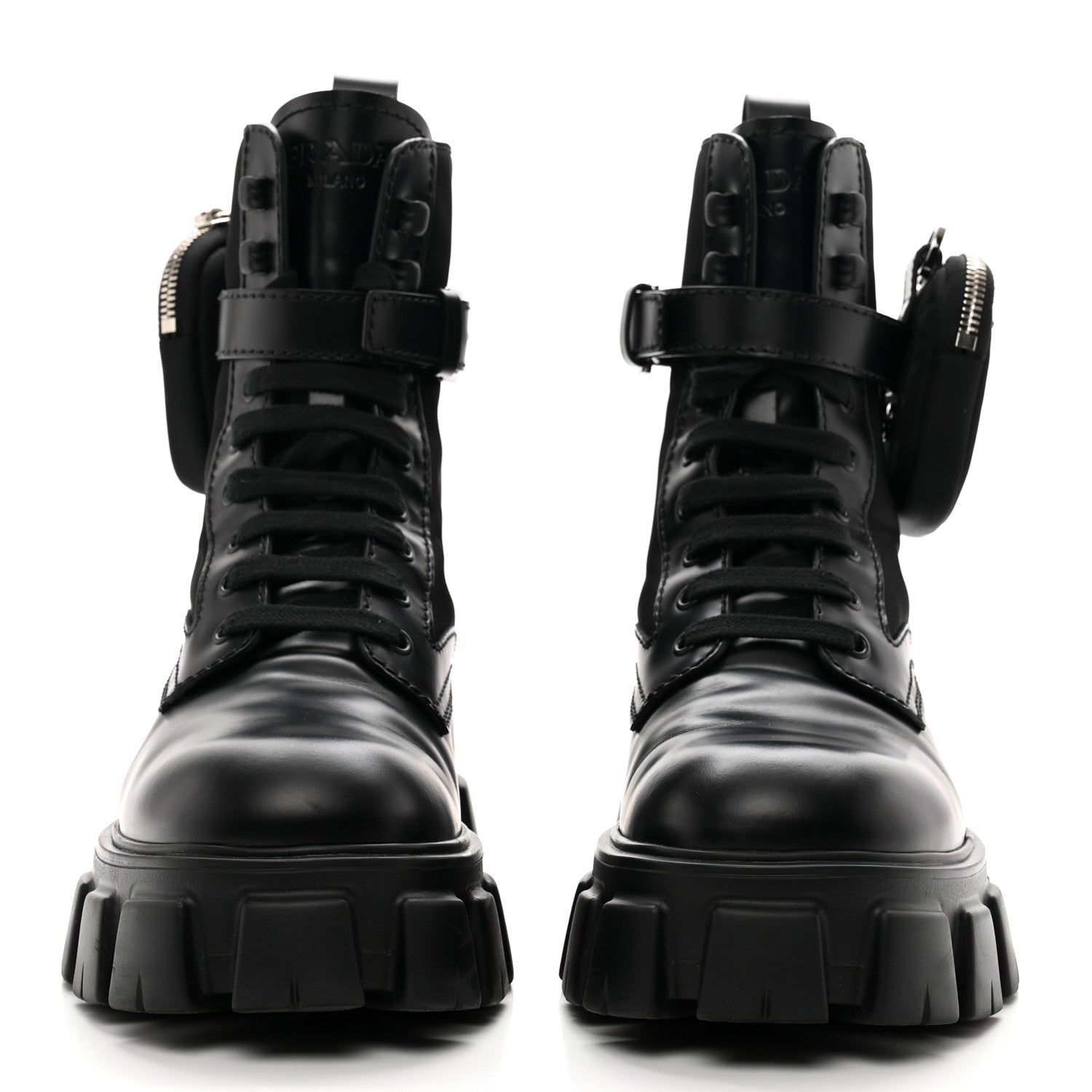 Prada Spazzolato Rois Re-Nylon Metal Triangle Logo Mens Monolith Pouch Pocket 60mm Combat Boots 7.5 Black 2 of 9