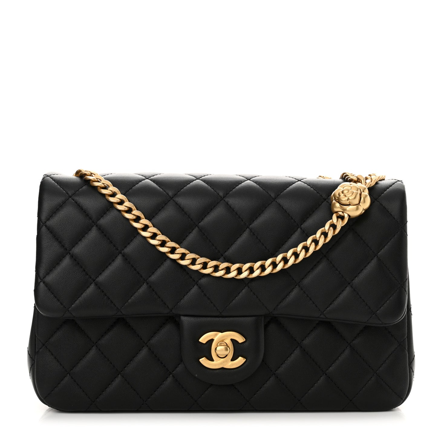 Lambskin Quilted Small Sweet Camellia Flap Black