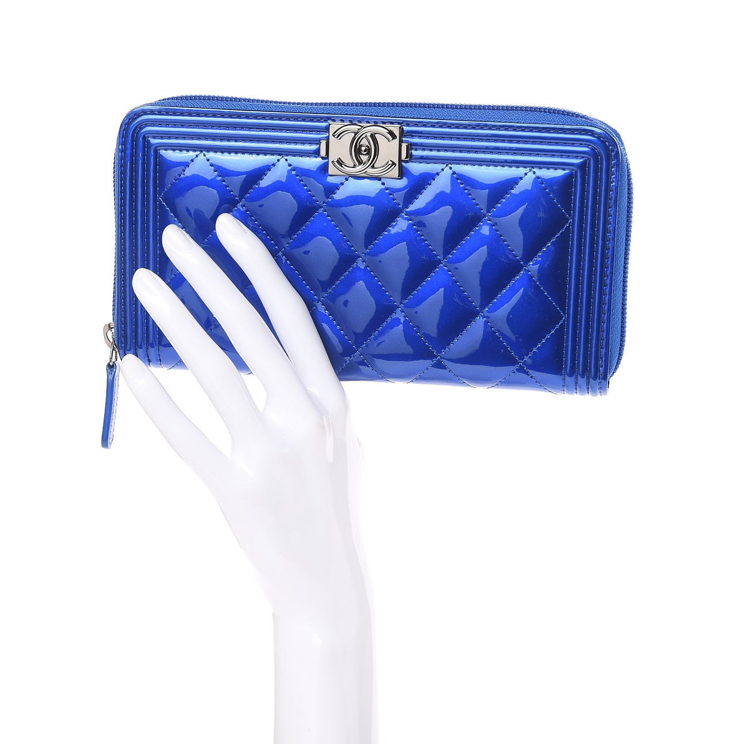 Metallic Patent Calfskin Quilted Boy L-Gusset Zip Wallet Blue