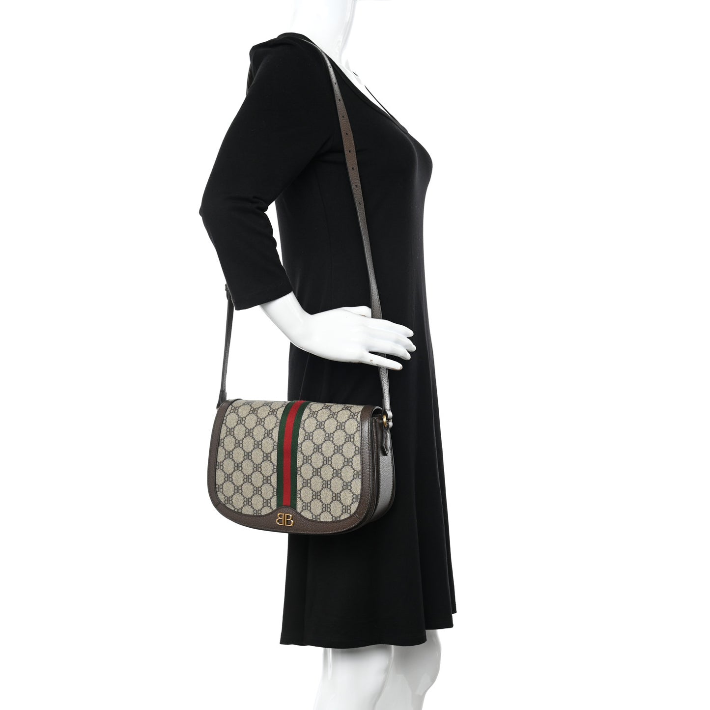 X BALENCIAGA BB Supreme Monogram Web Small Ophidia Shoulder Bag Beige New Acero
