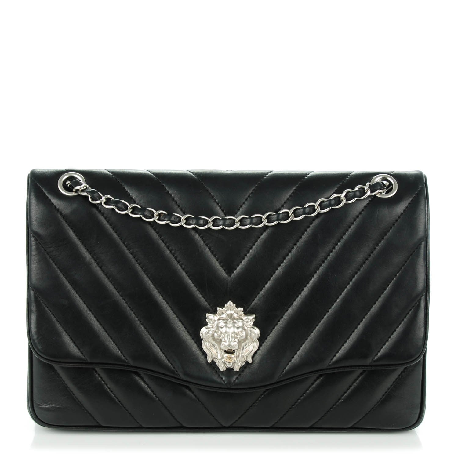 Chanel Lambskin Chevron Jumbo Leo Lion Flap Black 1 of 8