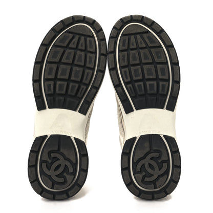 Chanel Fabric Laminated Calfskin Stretch CC Womens Sneakers 38 White Gold Silver 6 of 9
