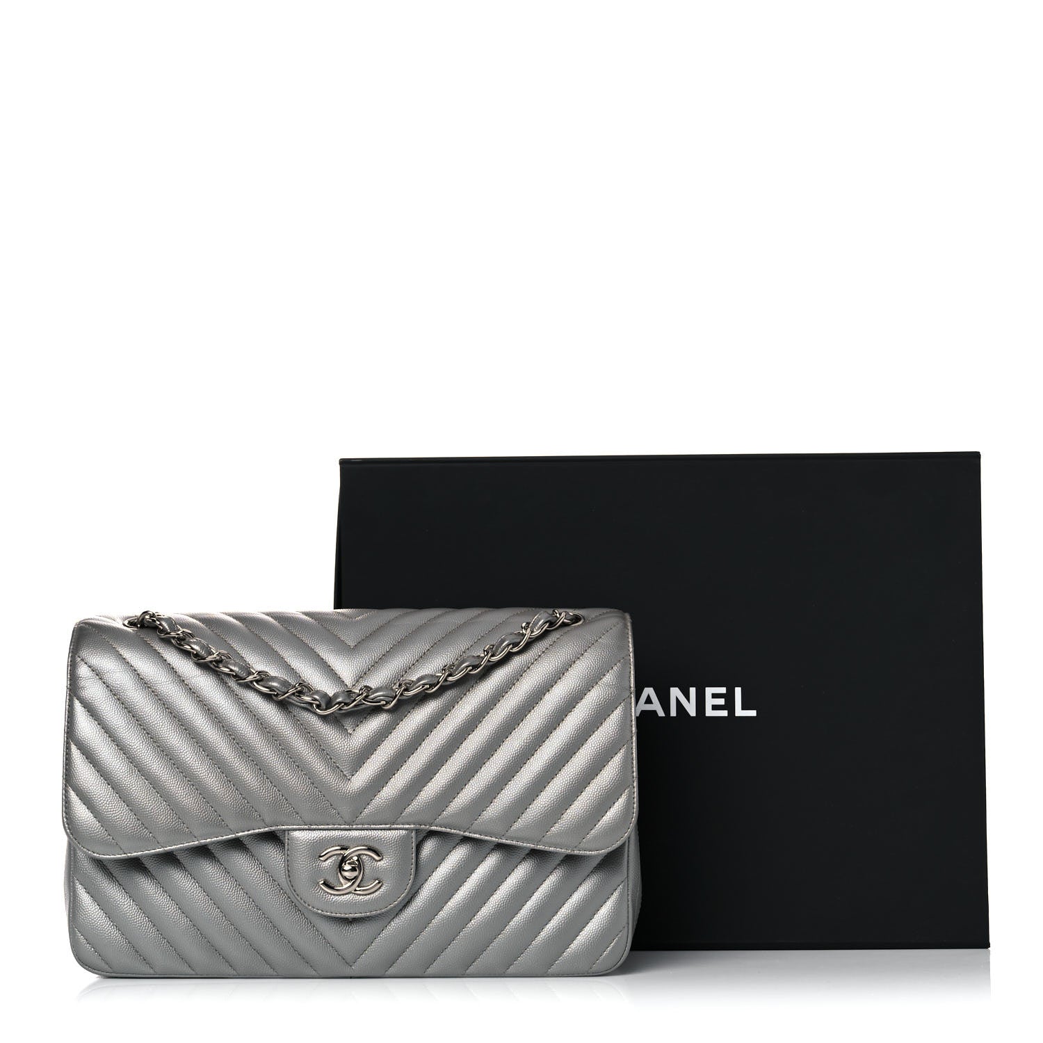 Chanel Metallic Caviar Chevron Quilted Jumbo Double Flap Silver 14 of 14