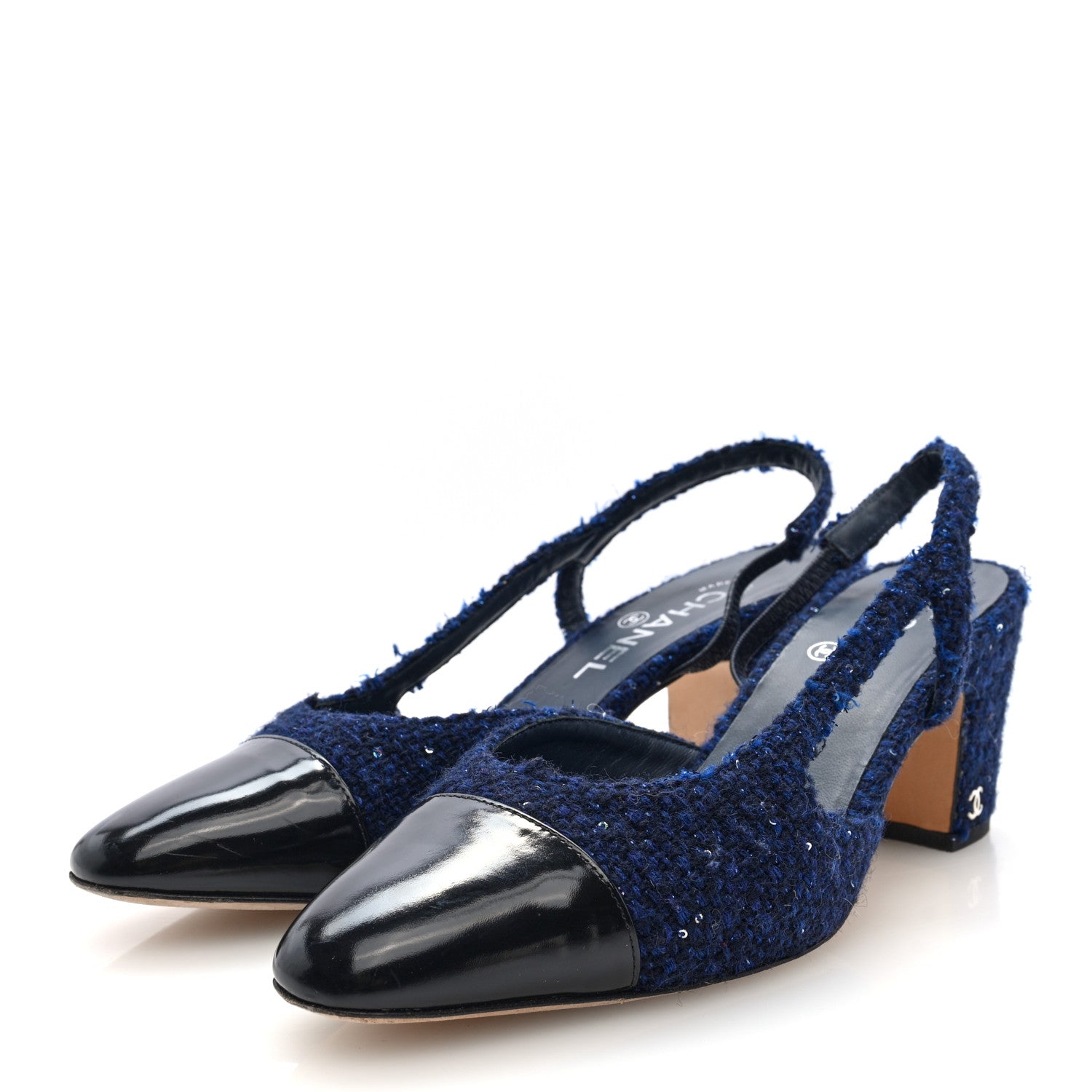 Chanel Tweed Patent Cap Toe CC Slingback Pumps 39.5 Blue Black 3 of 18