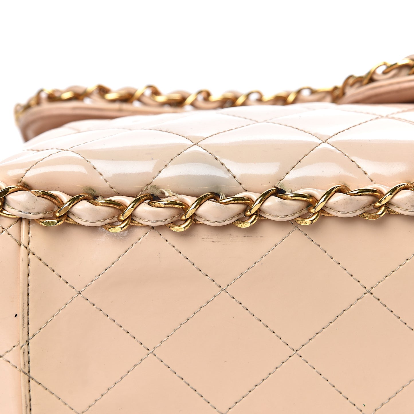 Patent Quilted Jumbo XL Chain Around Flap Beige