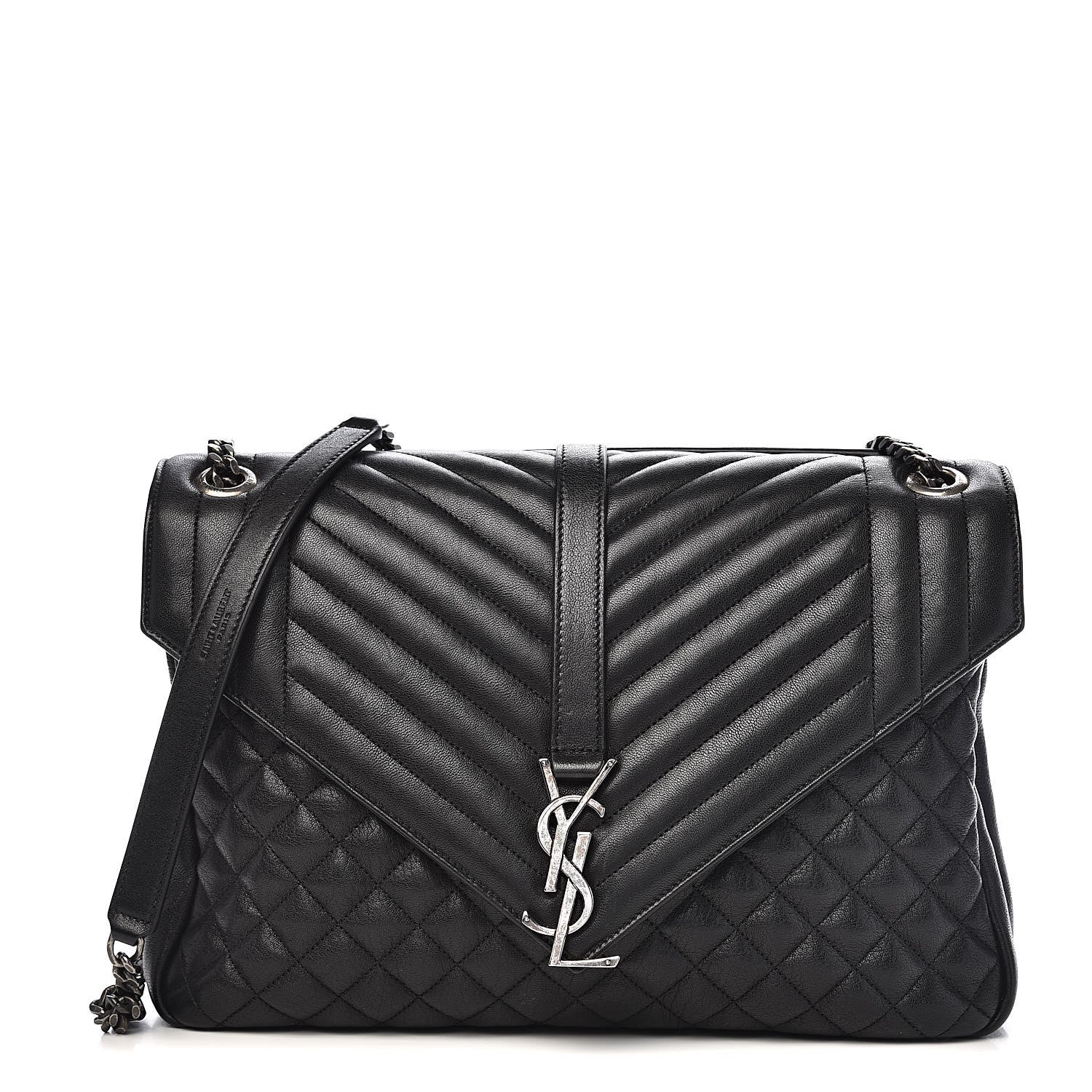 Saint Laurent Calfskin Mixed Matelasse Triquilt Large Monogram Satchel Black 1 of 11