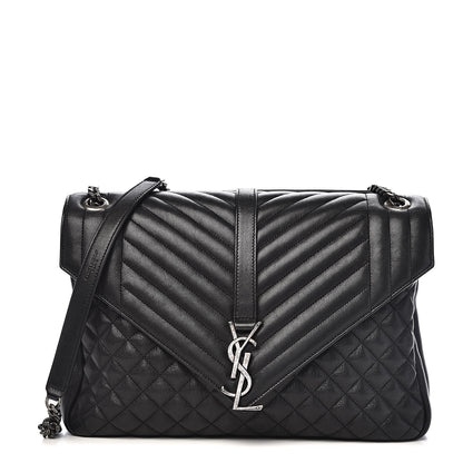 Saint Laurent Calfskin Mixed Matelasse Triquilt Large Monogram Satchel Black 1 of 11