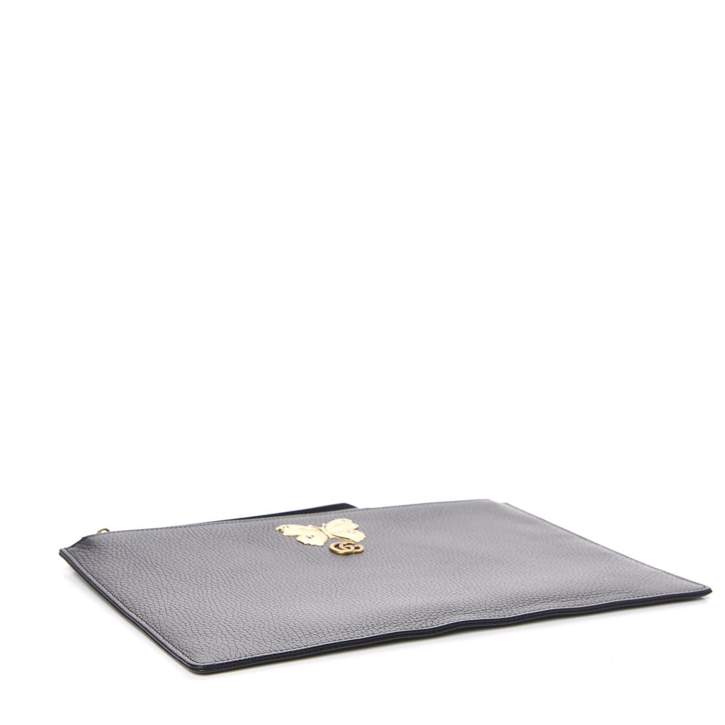 Pebbled Calfskin Butterfly Zip Pouch Black
