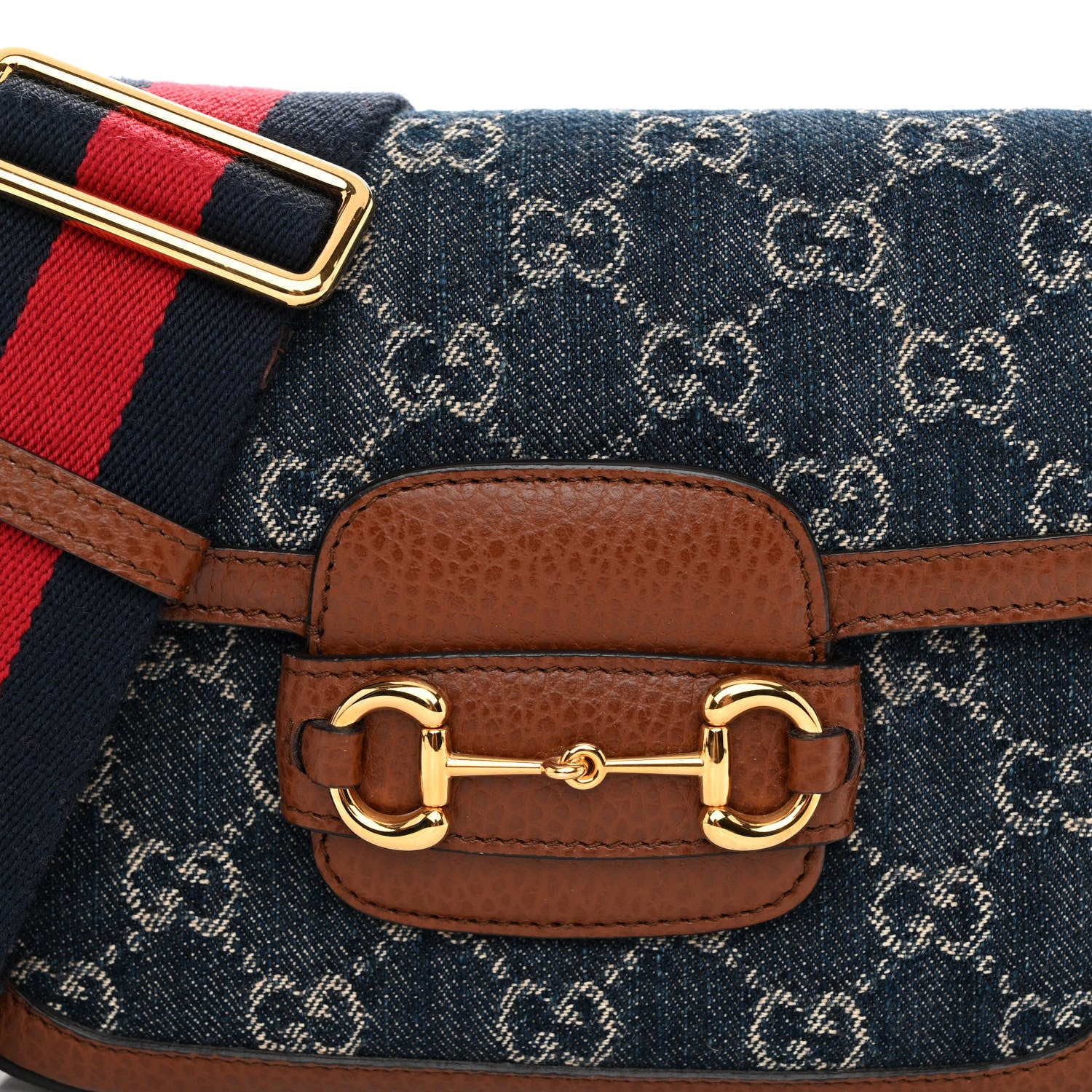 Gucci New Denim GG Monogram Dollar Calfskin Web Mini Horsebit 1955 Shoulder Bag Blue Tea Cuir Epilog 8 of 10