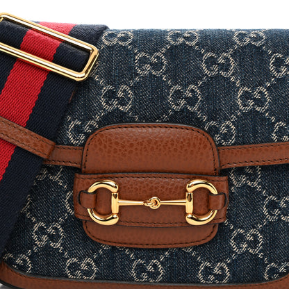 Gucci New Denim GG Monogram Dollar Calfskin Web Mini Horsebit 1955 Shoulder Bag Blue Tea Cuir Epilog 8 of 10