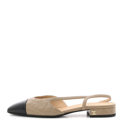 Chanel Lambskin Patent Cap Toe CC Slingback Flats 38.5 Beige Black 1 of 12