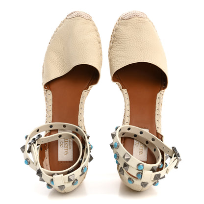 Valentino Garavani Grained Calfskin Turquoise Rockstud Rolling Ankle Wrap Espadrille 20mm Flats 40 Light Ivory Natural 2 of 8