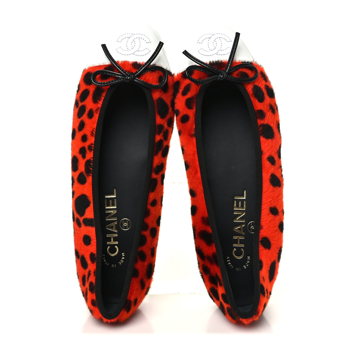 Pony Hair Lambskin Patent Calfskin Cap Toe CC Ballerina Flats 36 Orange Black White