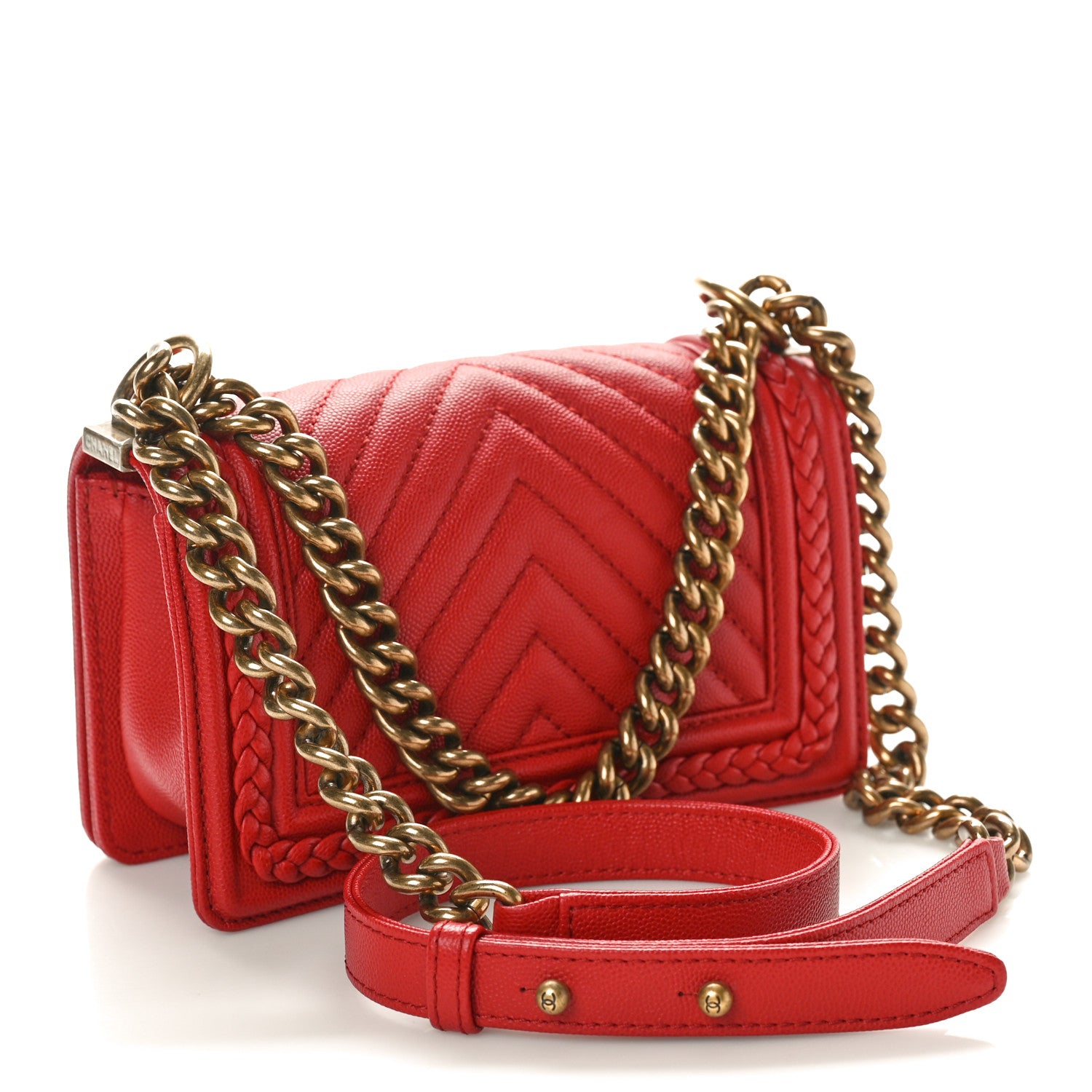 Chanel Caviar Chevron Quilted Braided Small Boy Flap Red 2 of 9