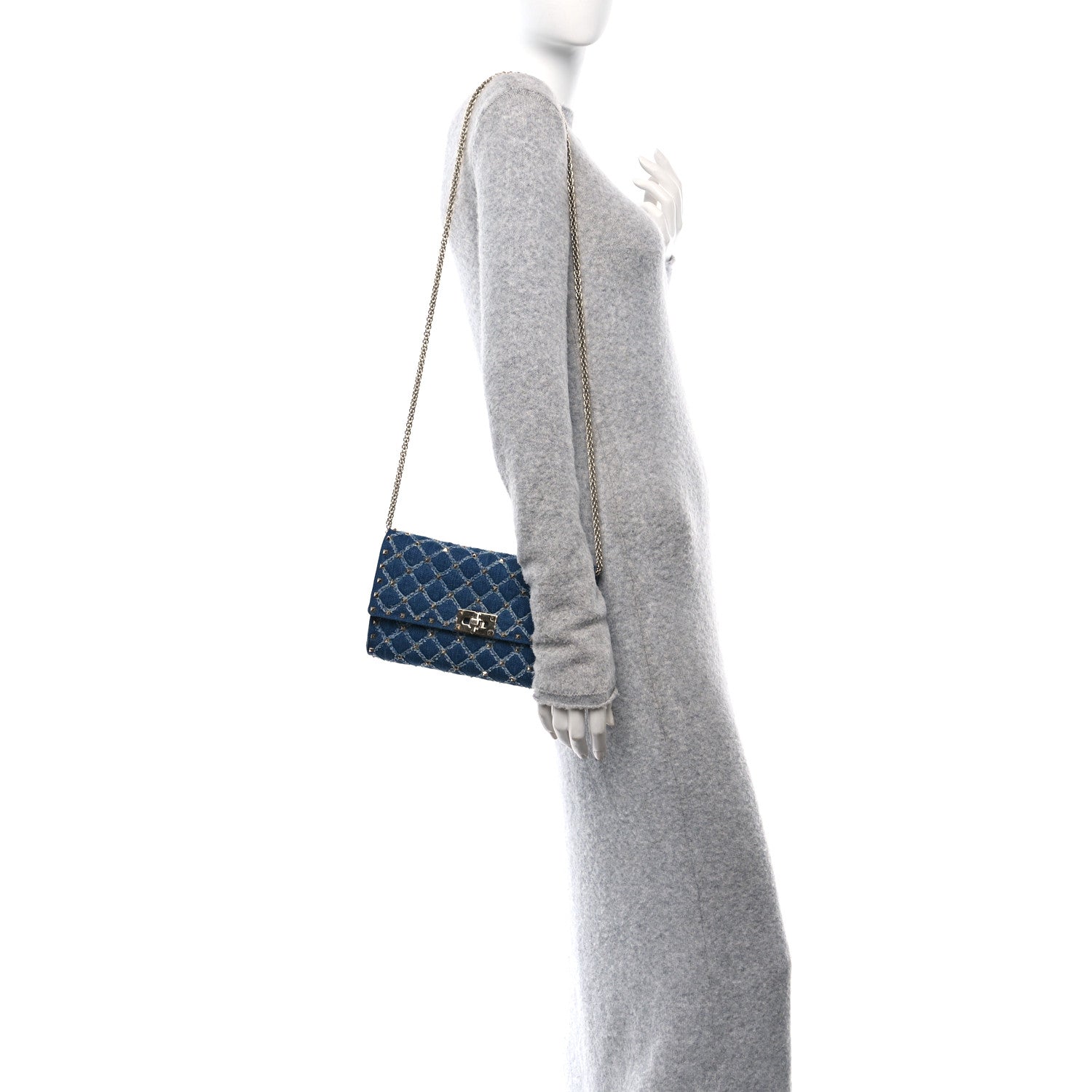 Valentino Garavani Denim Rockstud Spike Wallet on Chain Blue 2 of 10