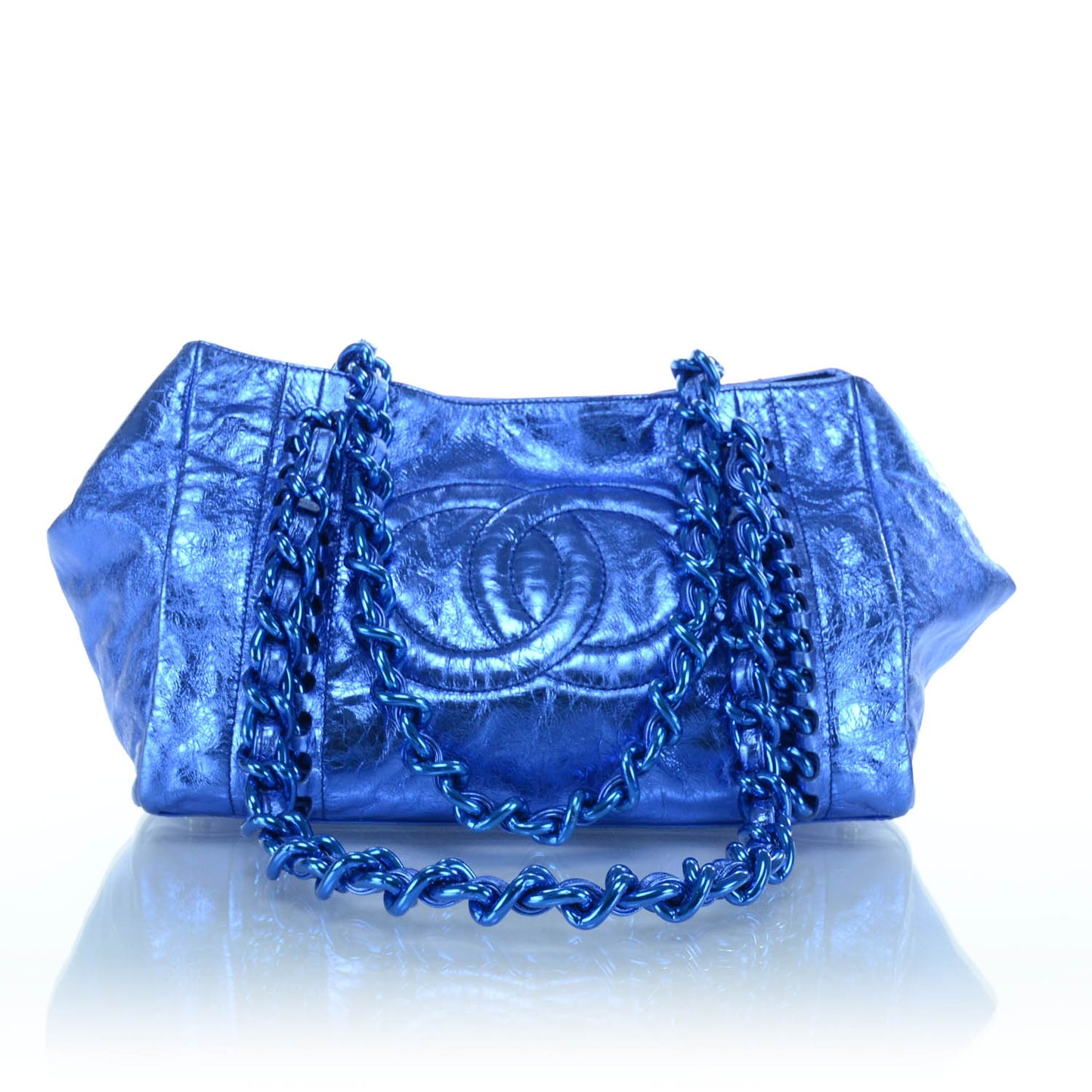 Leather Modern Chain Tote Metallic Blue