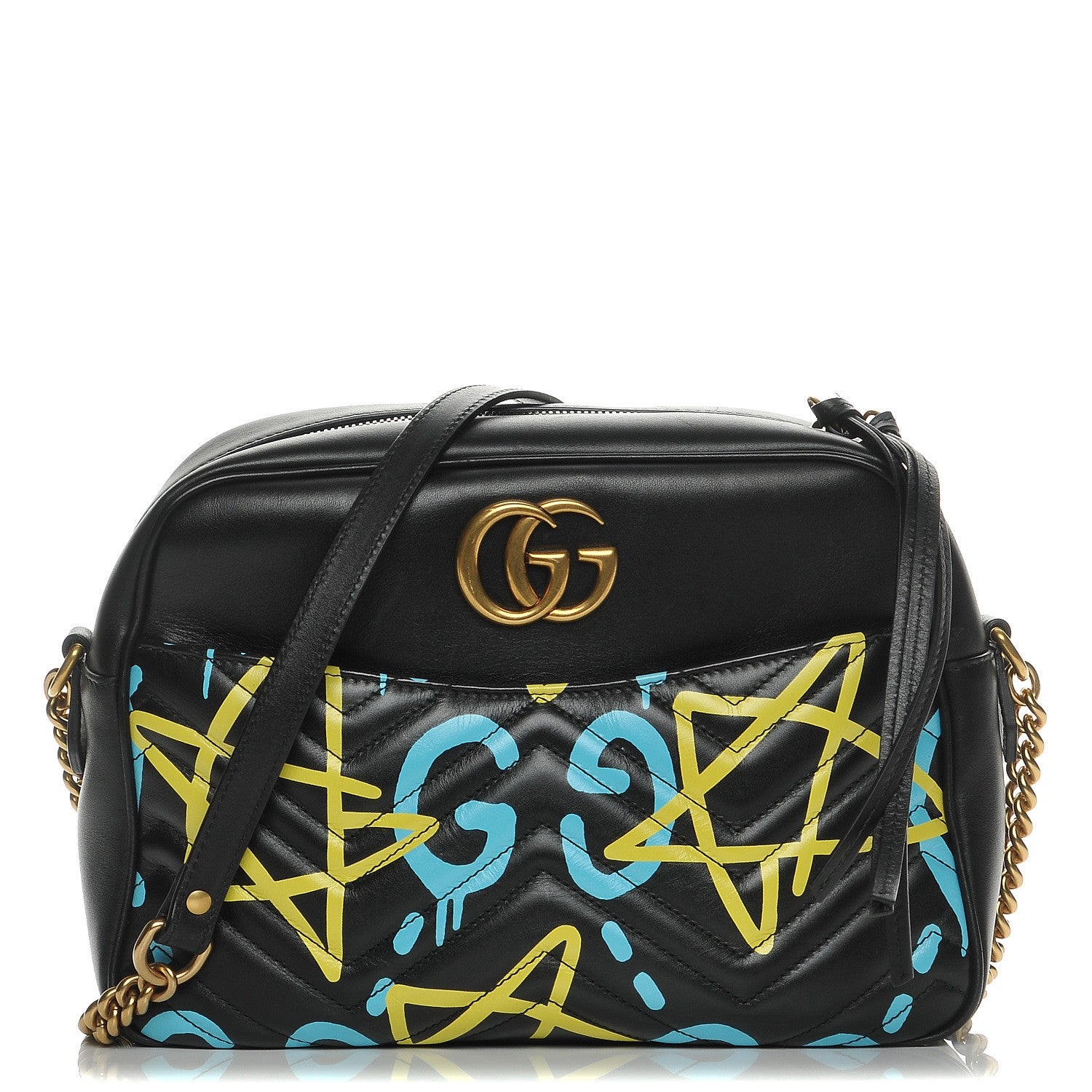 Gucci Calfskin Matelasse GucciGhost Medium GG Marmont Chain Shoulder Bag Black New Acquamarine 1 of 8