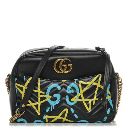 Gucci Calfskin Matelasse GucciGhost Medium GG Marmont Chain Shoulder Bag Black New Acquamarine 1 of 8